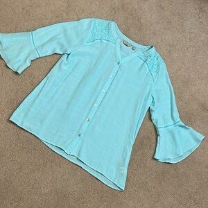 Coral Bay Aqua Button-Down Blouse with Lace Detail & Bell Sleeves – Size L